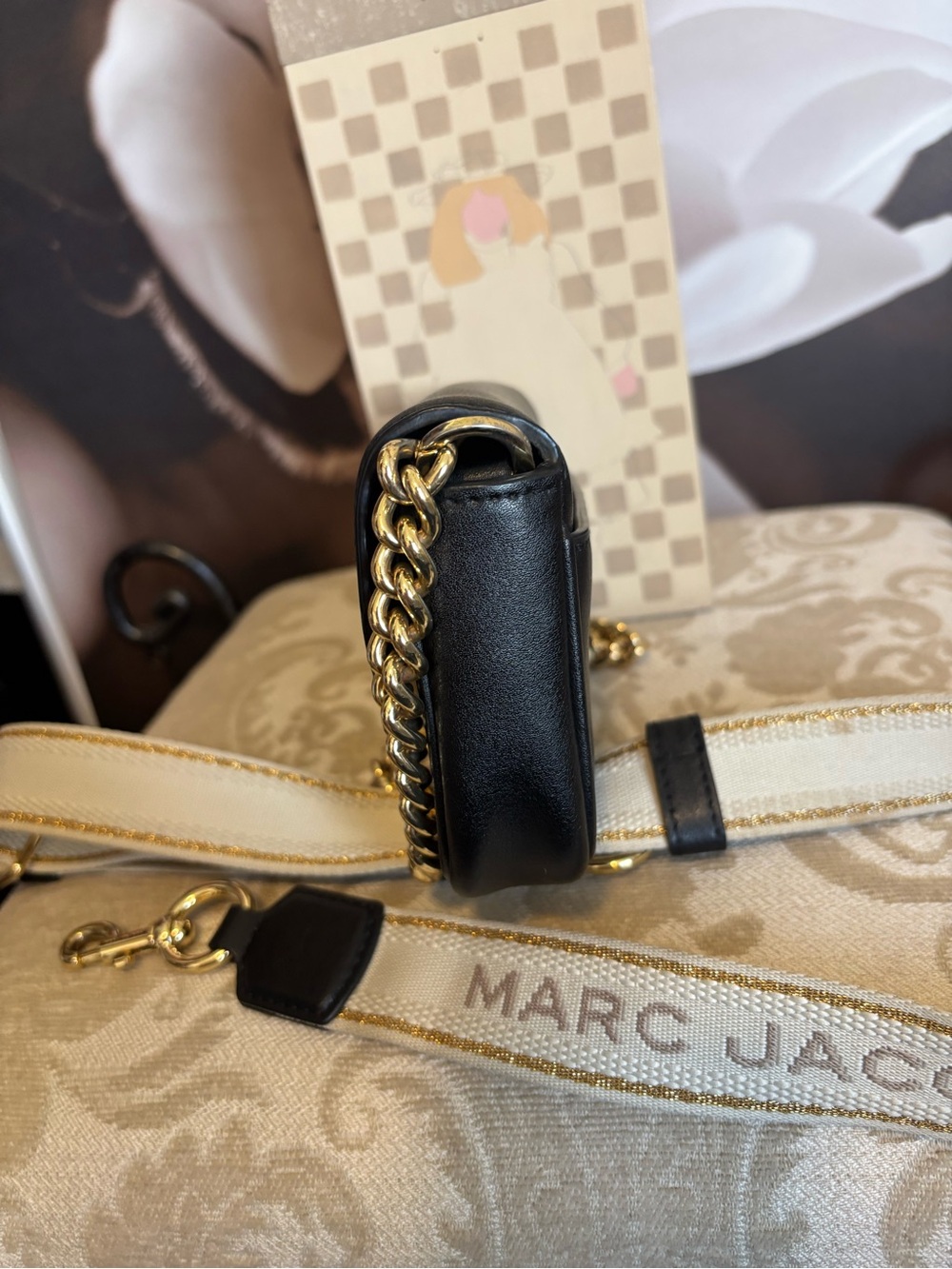 Marc Jacobs Black Leather Crossbody with Gold Chain and Branded Cream Strap - Picture 7 of 13